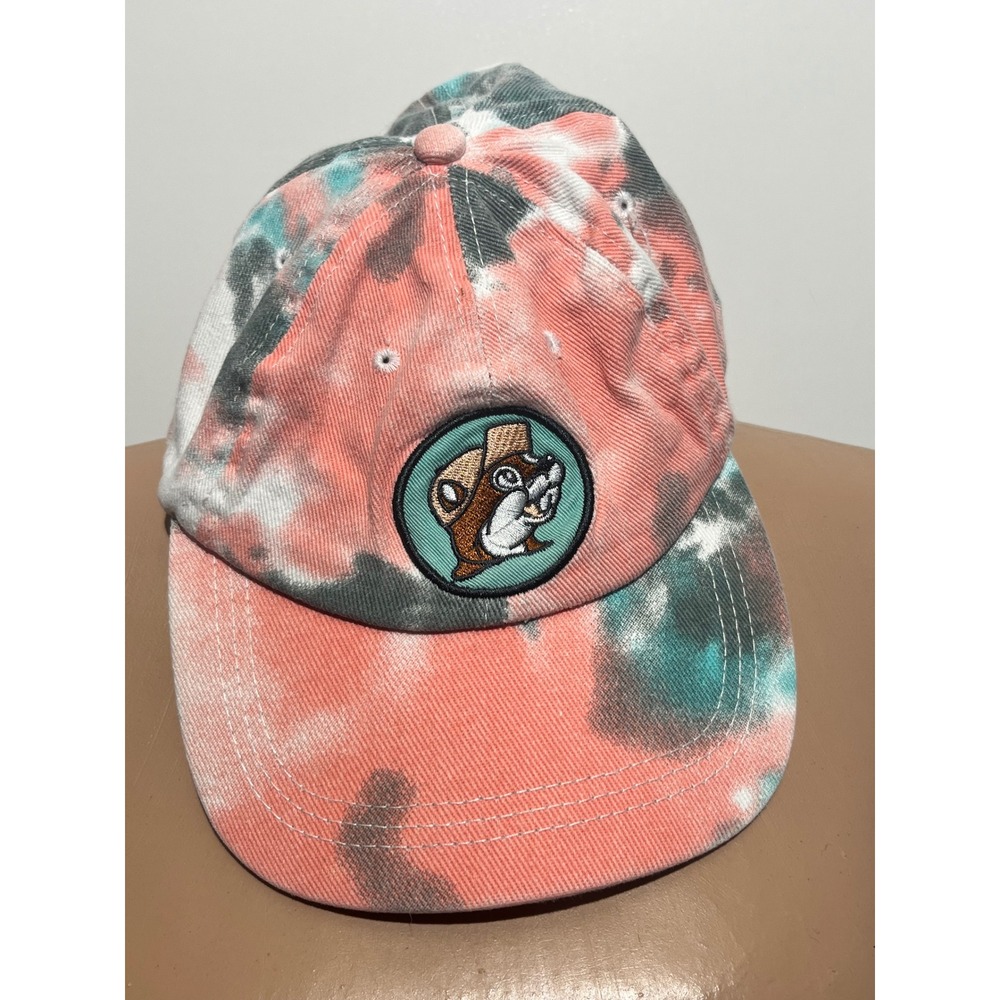 Buc-ees Tie-Dye Baseball Cap Coral Teal Charcoal Beaver Patch Adjustable Hat